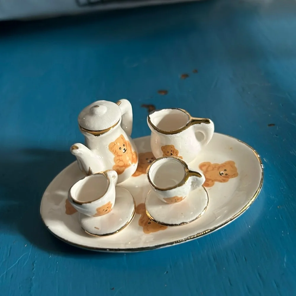 Vintage Porcelain Mini Teddy Bear Tea Set Dollhouse Miniatures